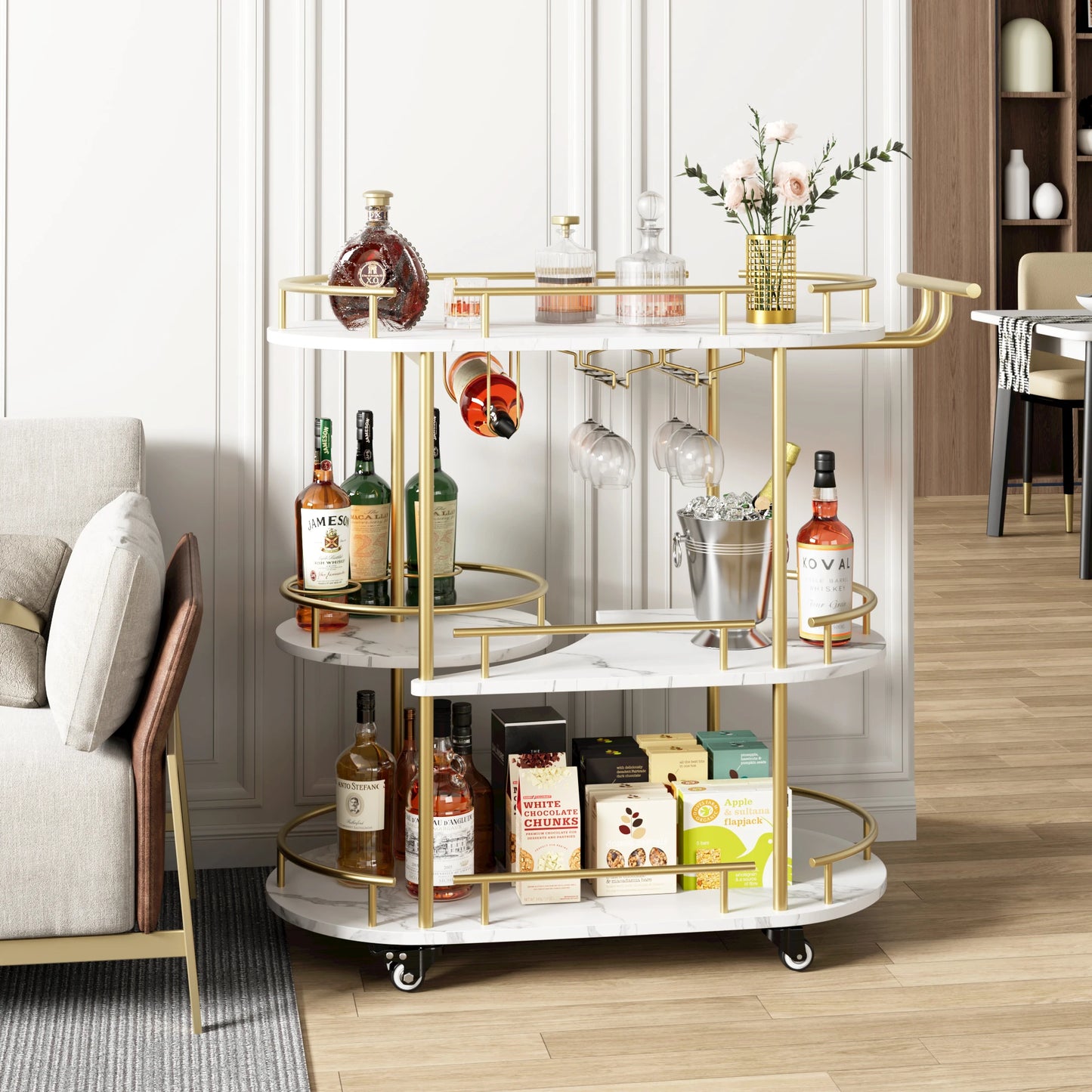 Twister Gold Bar Cart With 4-Tier Storage Glass Holder