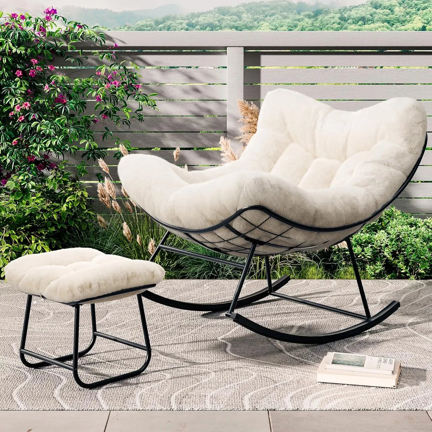 Outdoor Oversized Papasan Rocking Chair with Footrest, Patio Lounge Chair Rattan Egg Rocker for Balcony Backyard Porch Bedroom