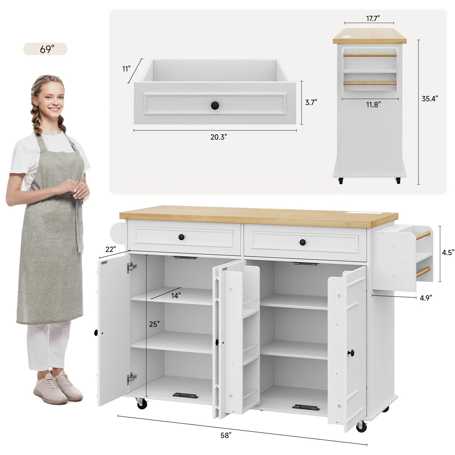 Mobile Kitchen Island Cart With Drop Leaf And Power Outlet