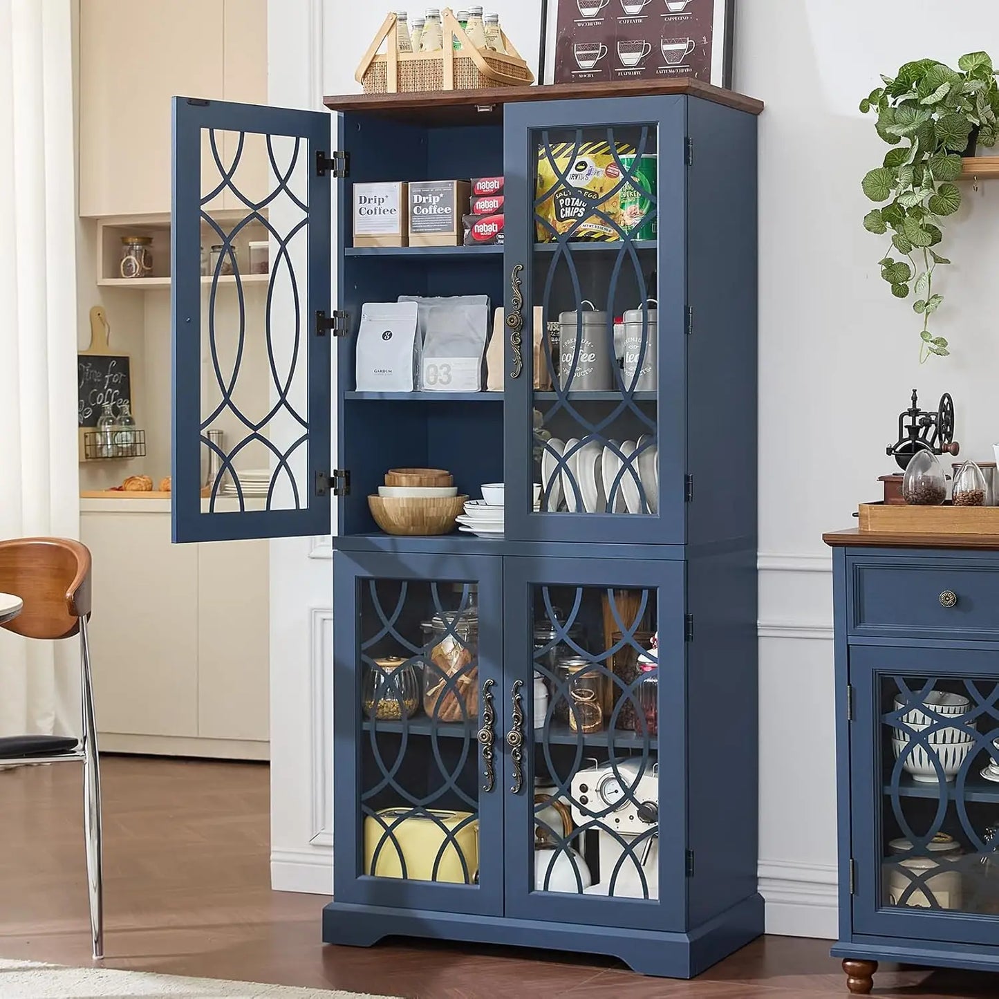 HUANZHUANG Set of 2 Wood Pantry Cabinets With Glass Doors