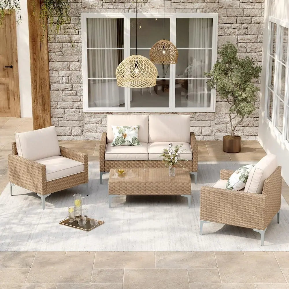 All-Weather Wicker Patio Sectional Set With Glass Table Cushions
