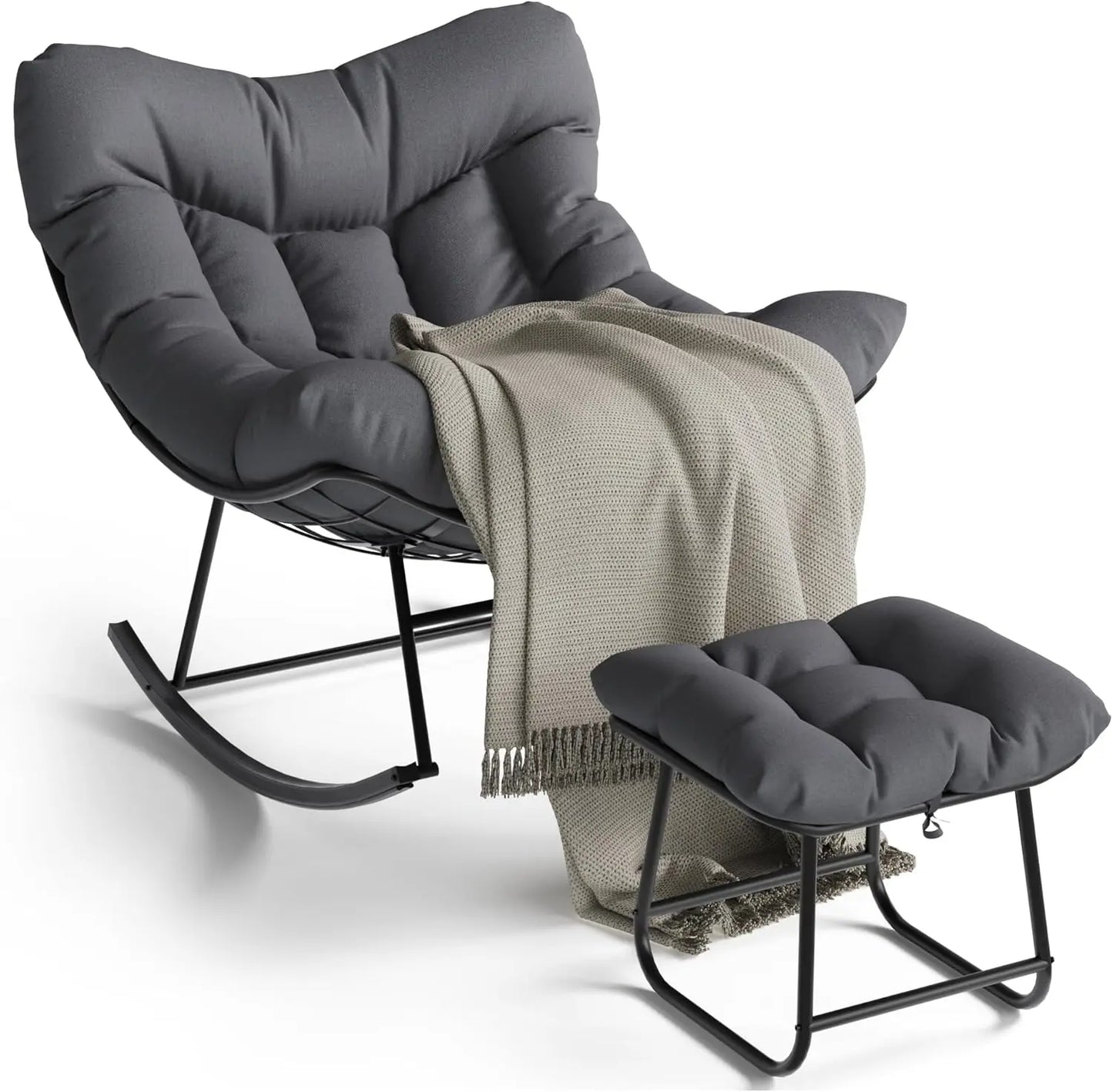 Outdoor Oversized Papasan Rocking Chair with Footrest, Patio Lounge Chair Rattan Egg Rocker for Balcony Backyard Porch Bedroom