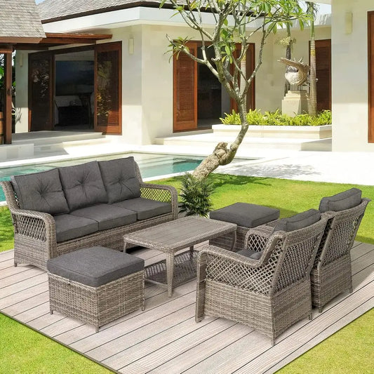 Outdoor 6 Piece Wicker Patio Furniture Set With Sectional