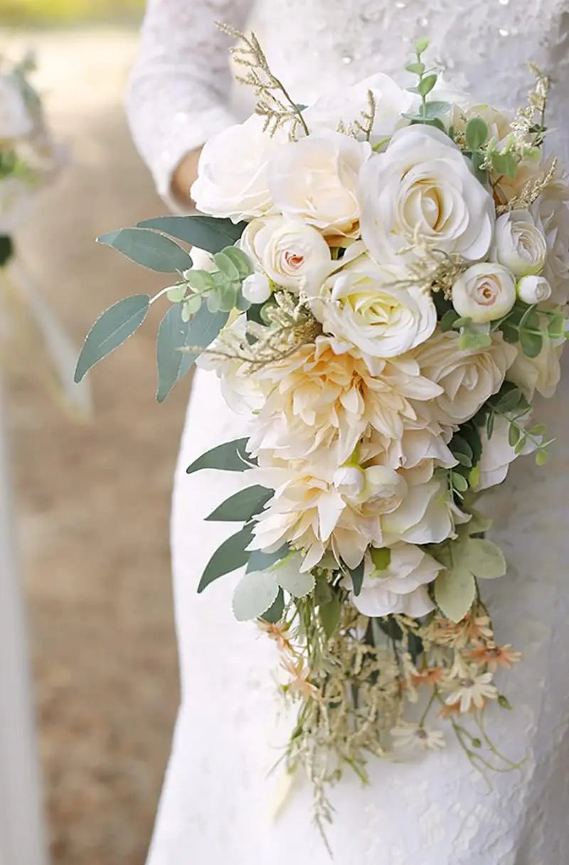 Beige Silk Rose Bridal Bouquet For Rustic Boho Wedding Decor