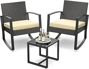3 Piece Patio Furniture Set Rocking Bistro Outdoor Rattan With Coffee Table