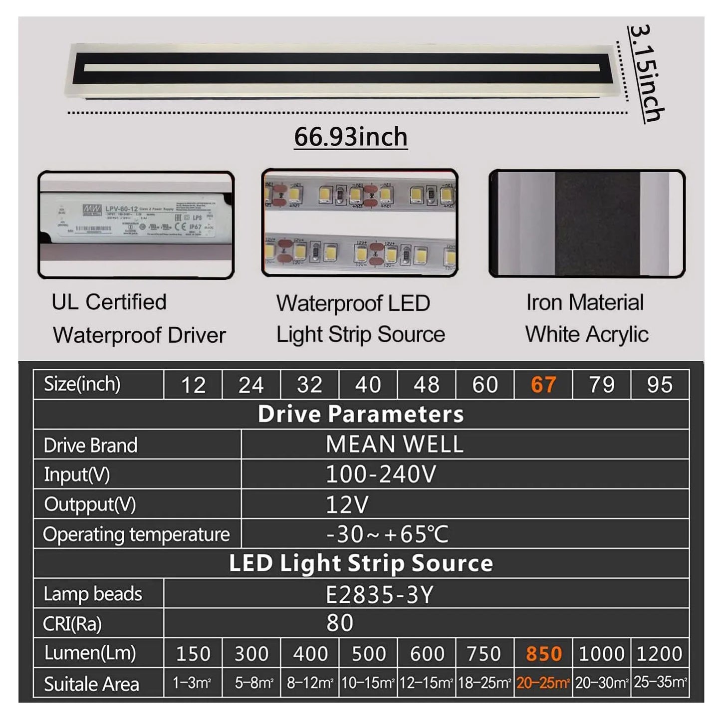 Outdoor LED Wall Sconce Long Strip Light Modern IP67 Frosted Acrylic