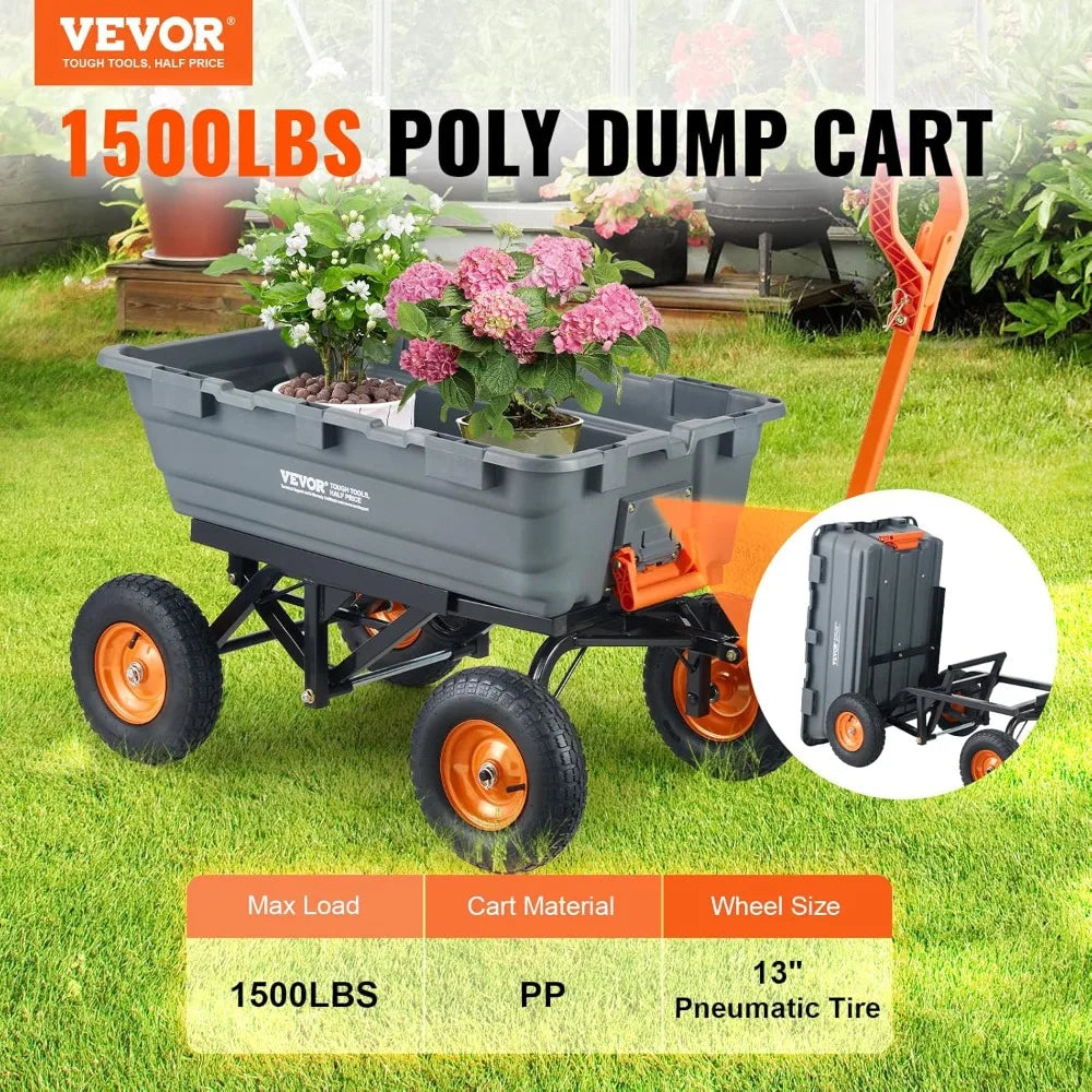 XMSJ Heavy Duty Garden Dump Cart 1500lbs Capacity Utility
