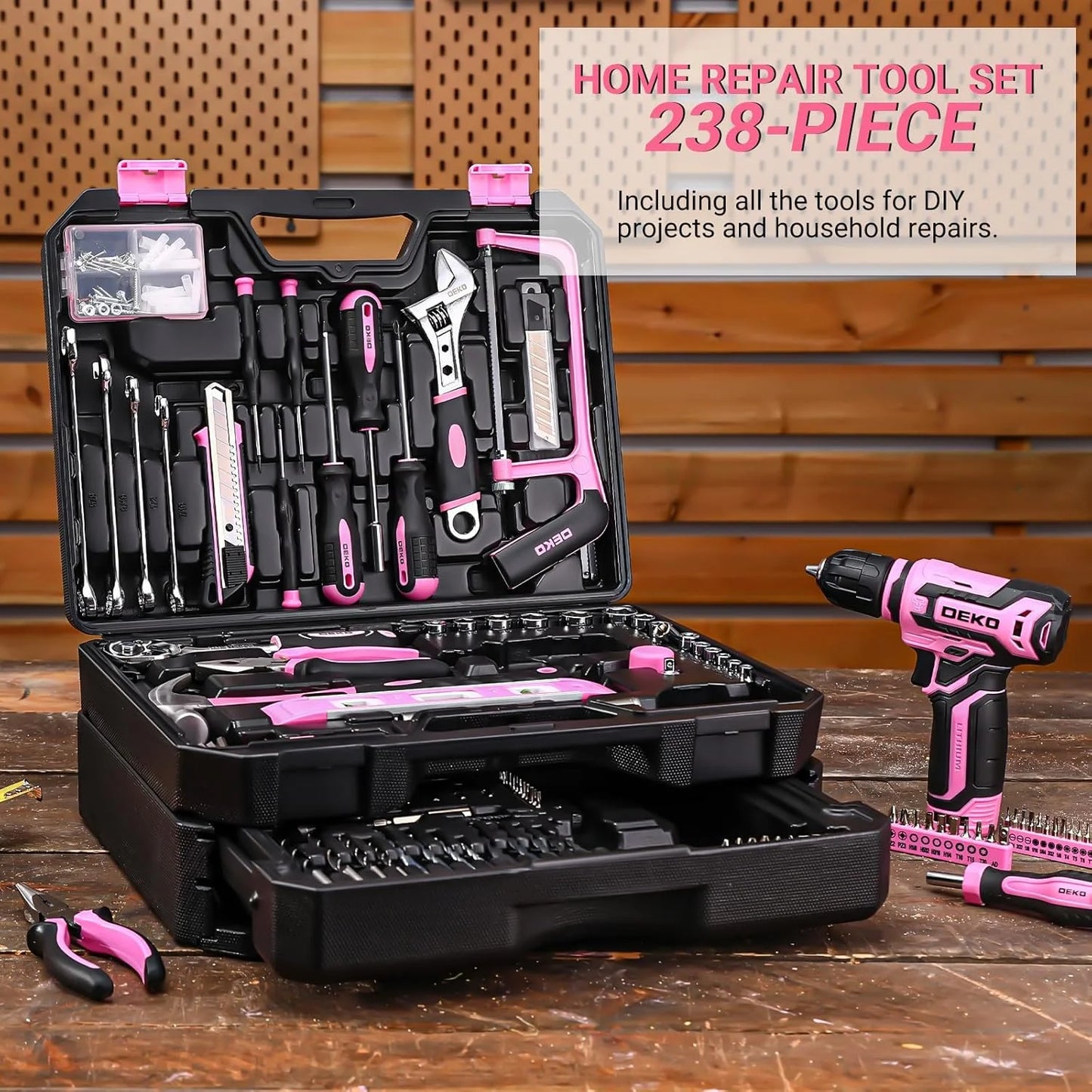 DEKO Home Mechanic Toolbox With 12V Cordless Drill Set