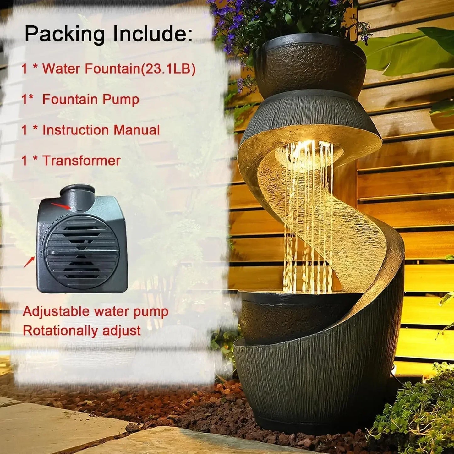 S-Shaped Outdoor Water Fountain With LED Lights And Planter Bowl