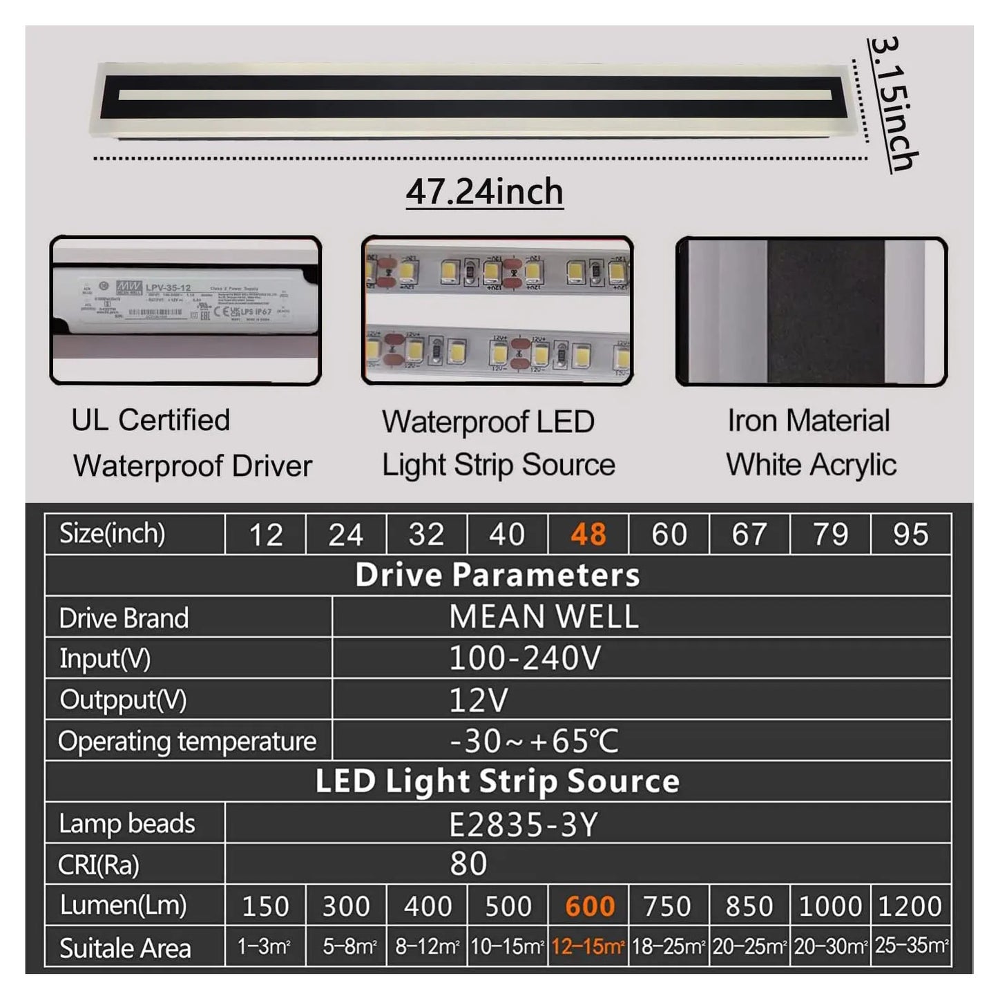 Outdoor LED Wall Sconce Long Strip Light Modern IP67 Frosted Acrylic
