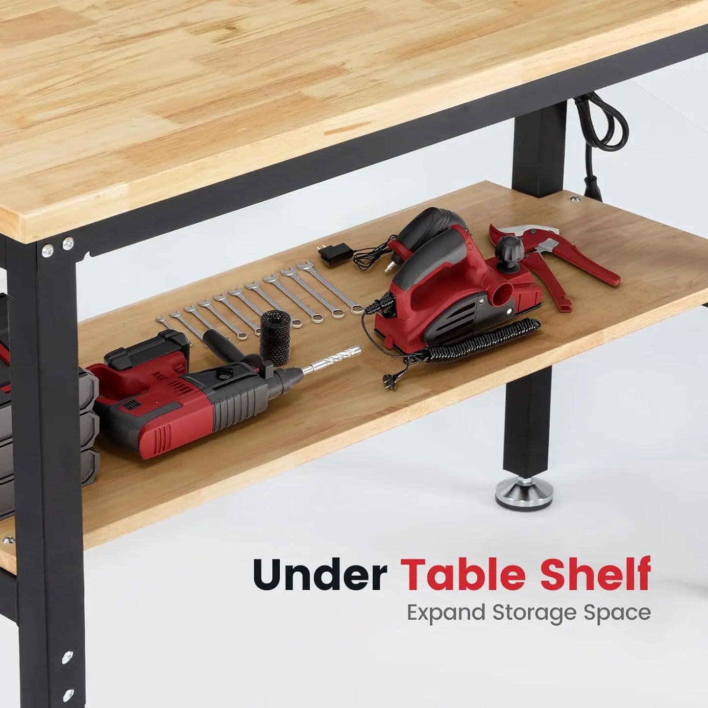 Adjustable Height Workbench With Storage, Power Outlets, And Pegboard