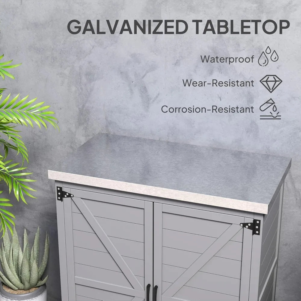 Outdoor Storage Cabinet With Wooden Tabletop And Shelves