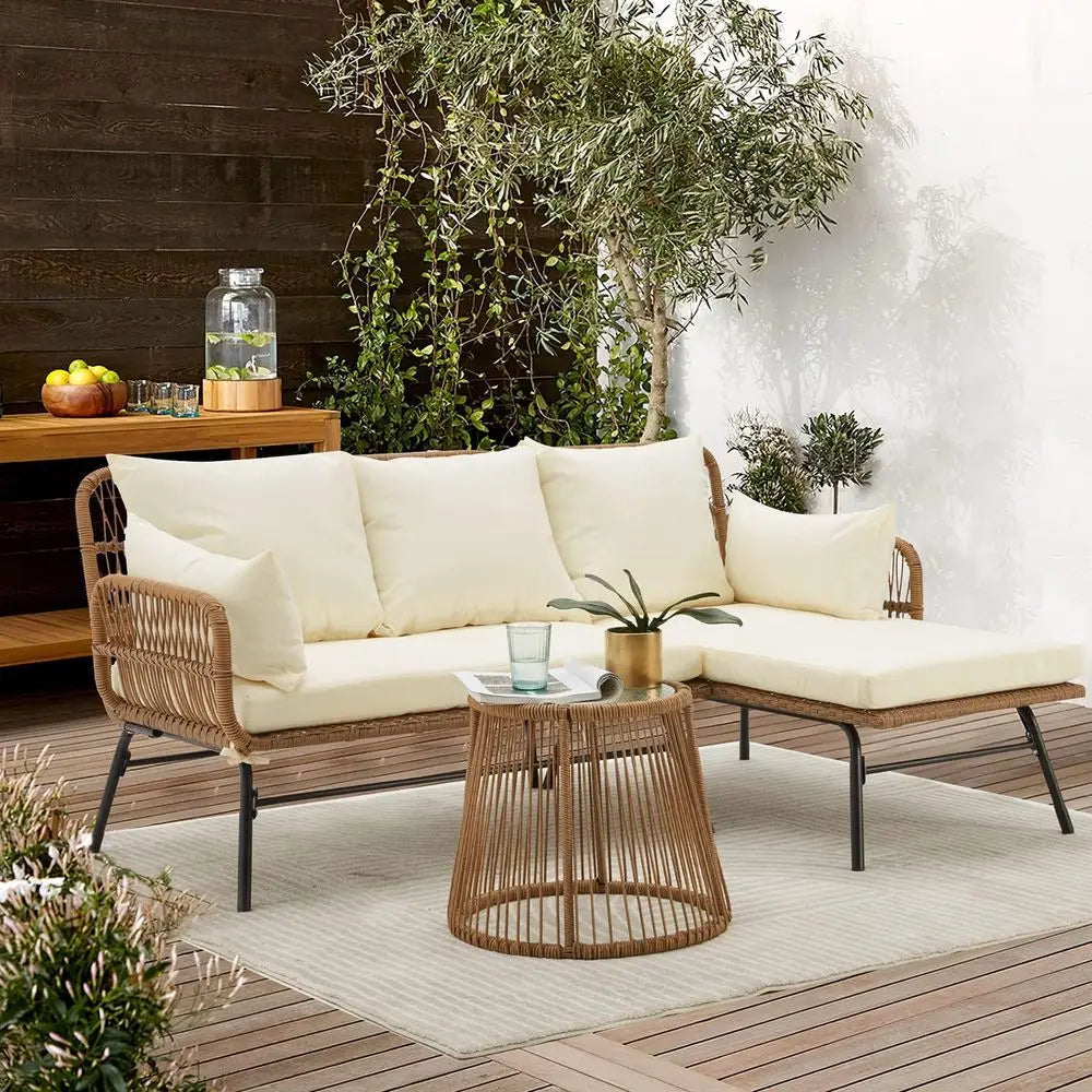 Outdoor L Shaped Sectional Sofa Set With Cushions And Glass Table
