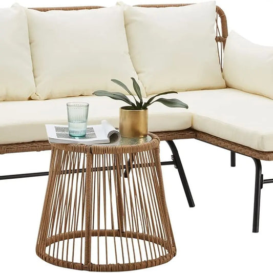 Outdoor L Shaped Sectional Sofa Set With Cushions And Glass Table
