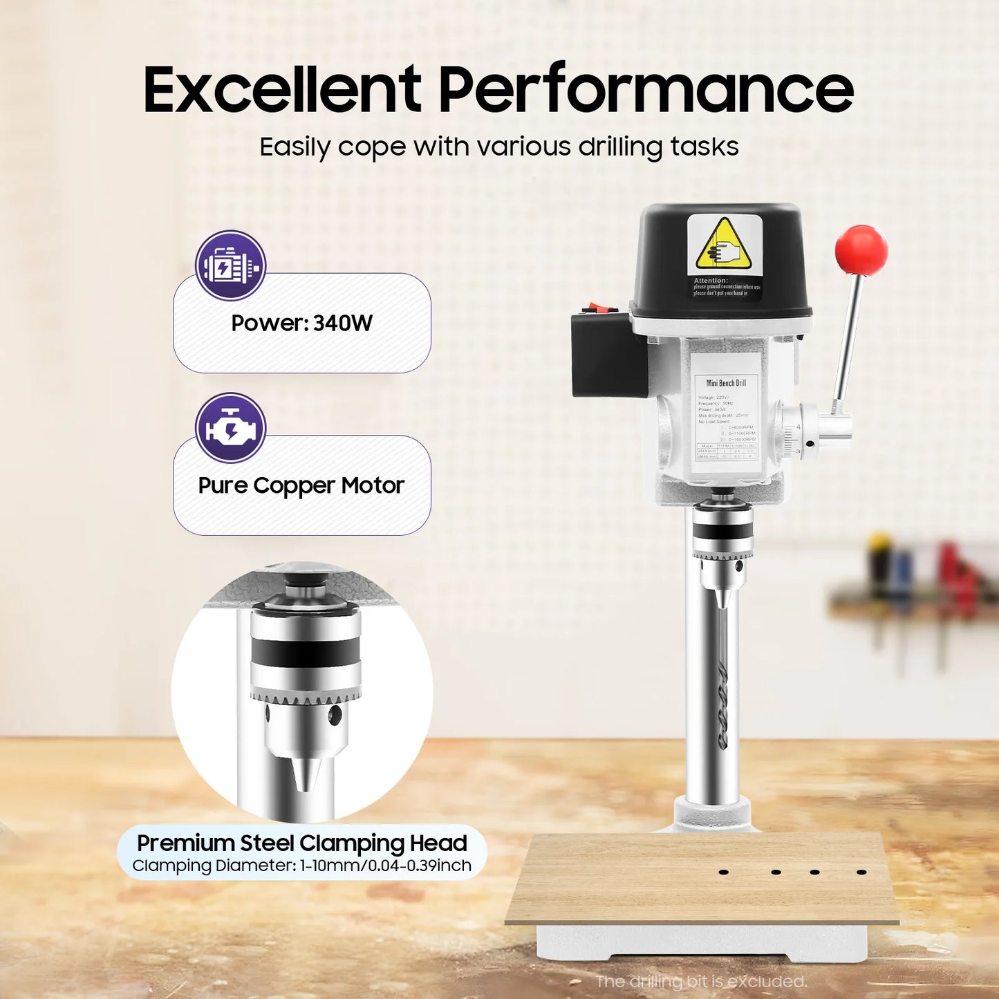 340W Mini Bench Drill Press With 3 Speed Adjustable Corded
